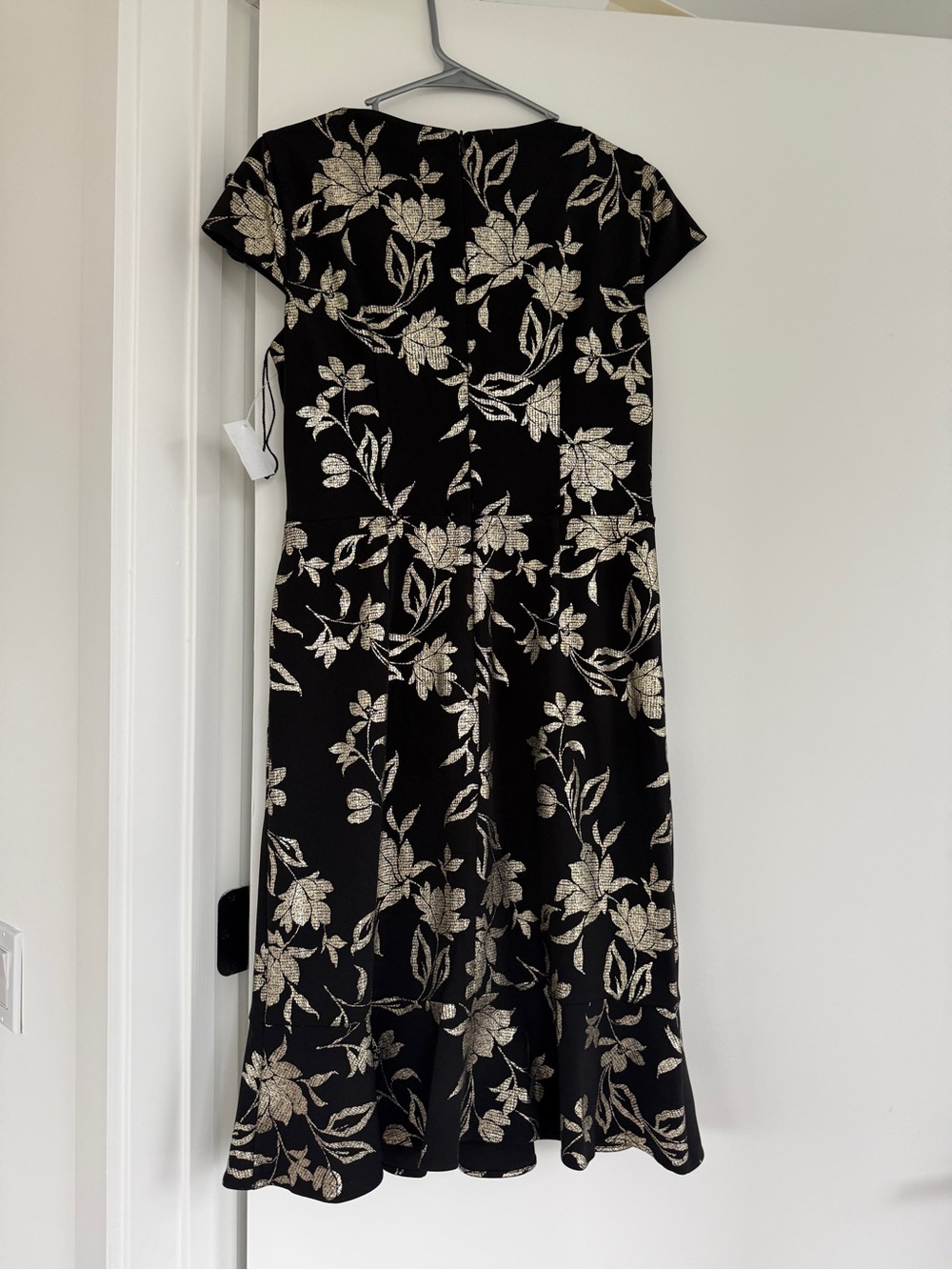 London Times Black Dress with Gold Floral Jacquard Midi